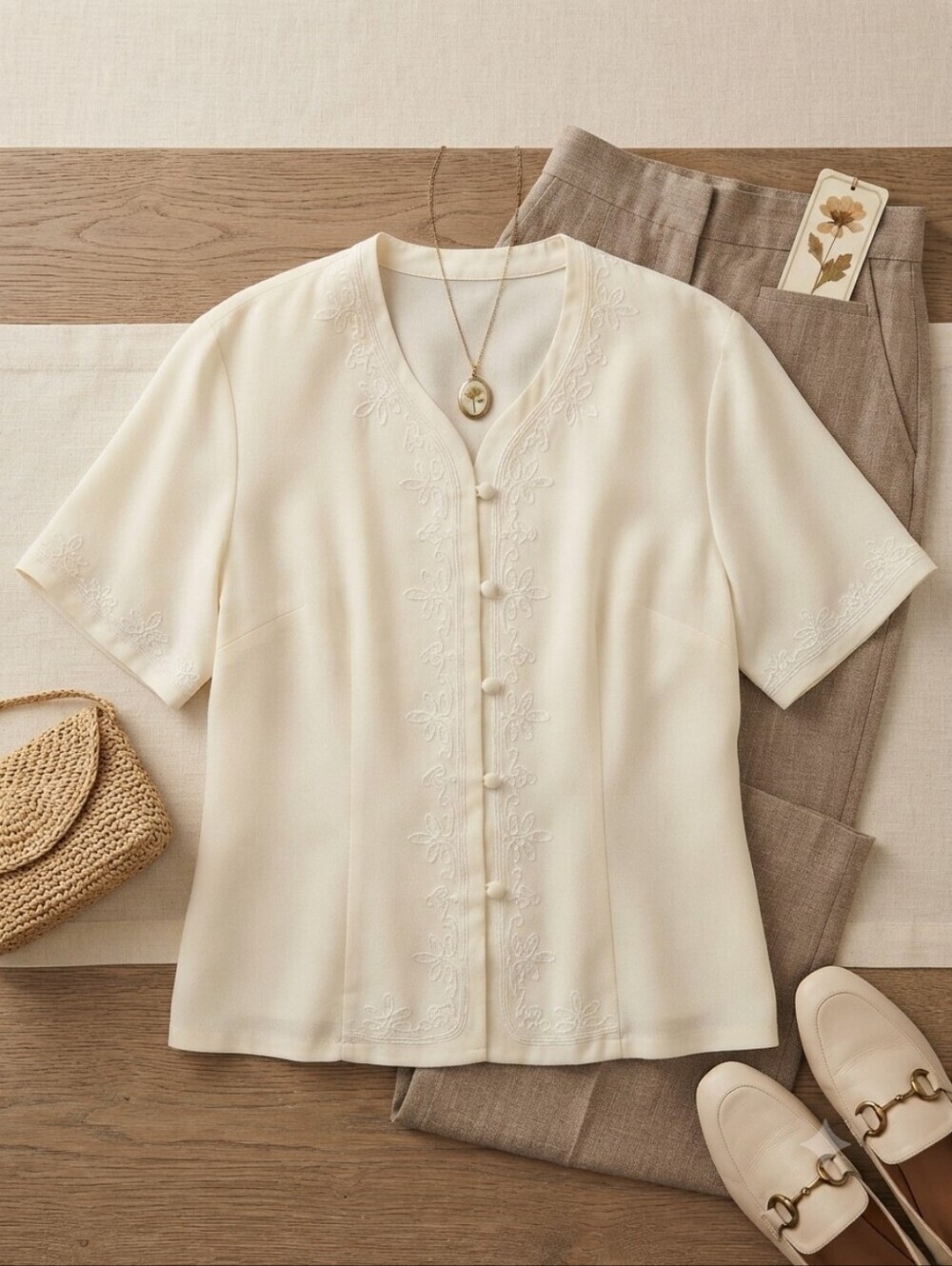 Vintage Worthington White/Off White Embroidered Button Up Short Sleeve Blouse